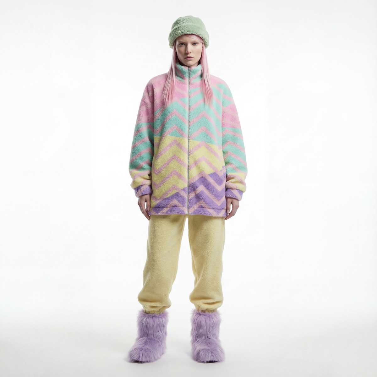 Person wearing a colorful chevron-patterned fleece jacket on a white background