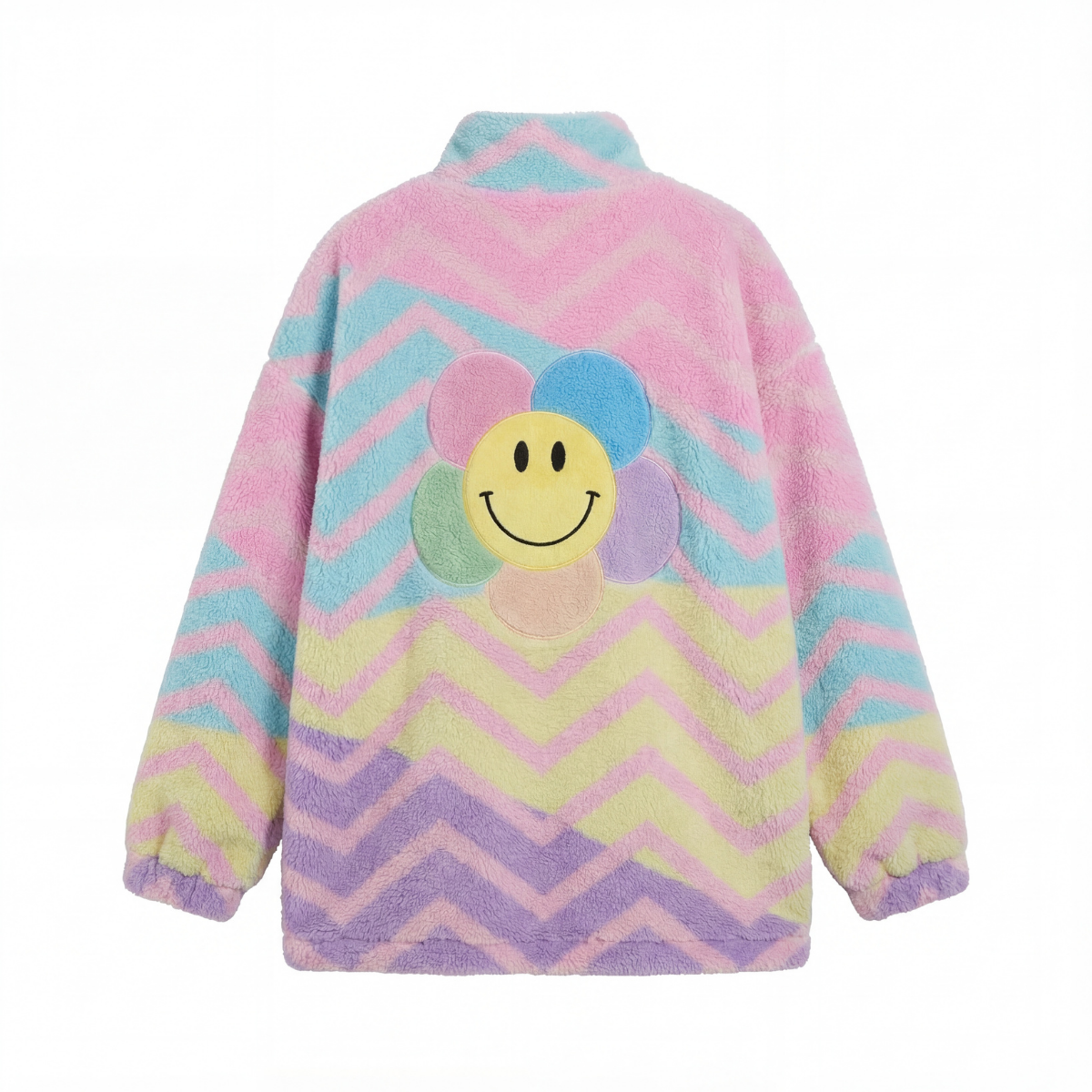 Pastel colored fleece jacket with a smiley face design on a white background