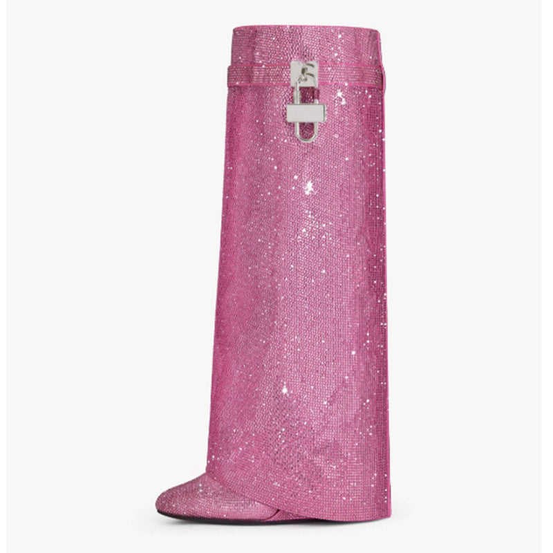 Santa Baby Pink Rhinestone Wedge Knee-High Boots