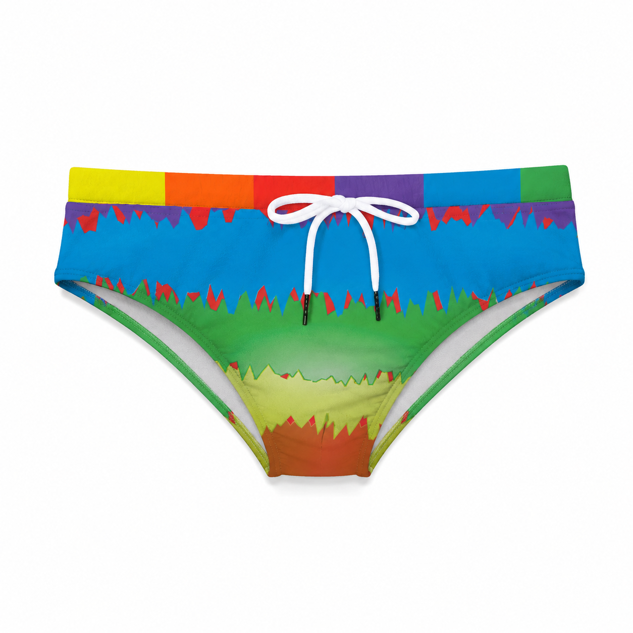 Colorful bikini bottom with a rainbow pattern on a white background
