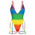 Colorful swimsuit with a rainbow pattern on a white background