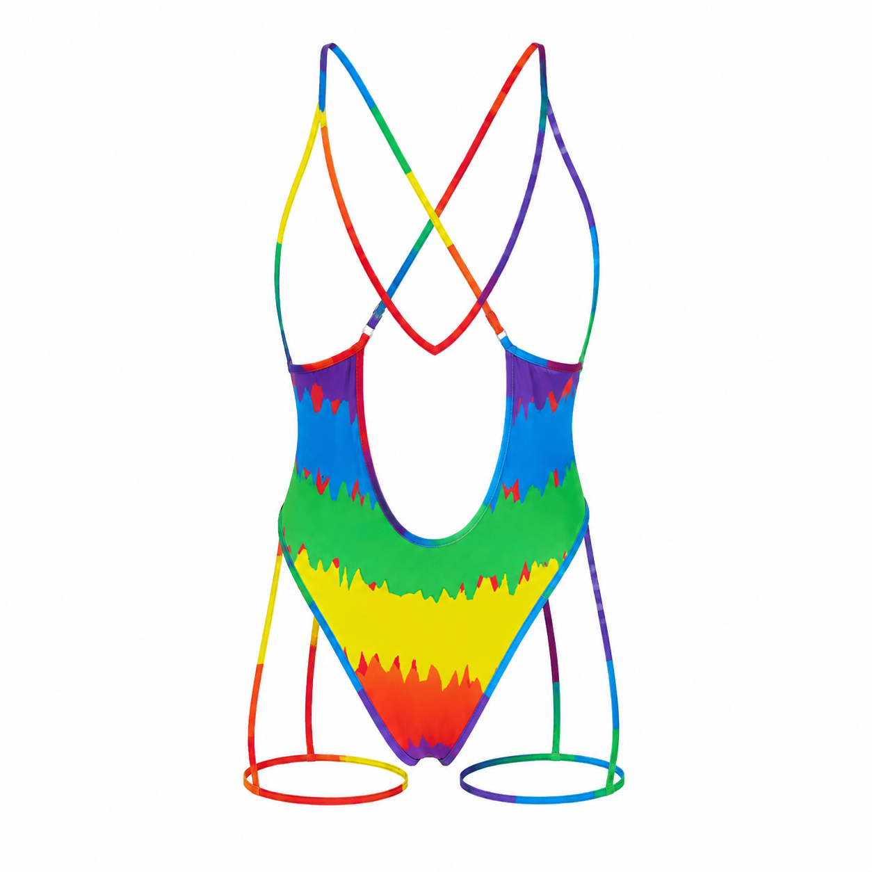 Colorful swimsuit with a rainbow pattern on a white background