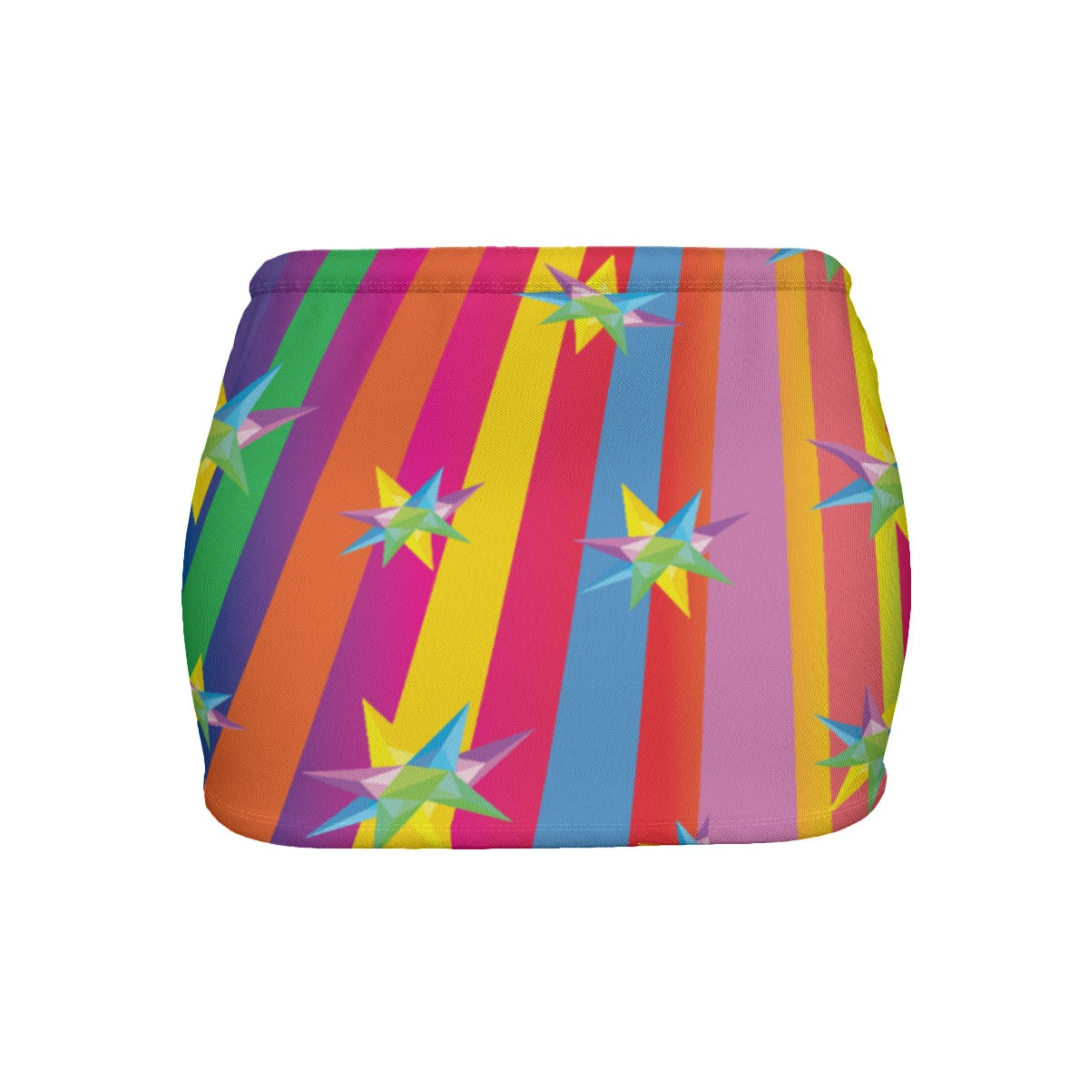 Colorful striped pouch with star patterns on a white background