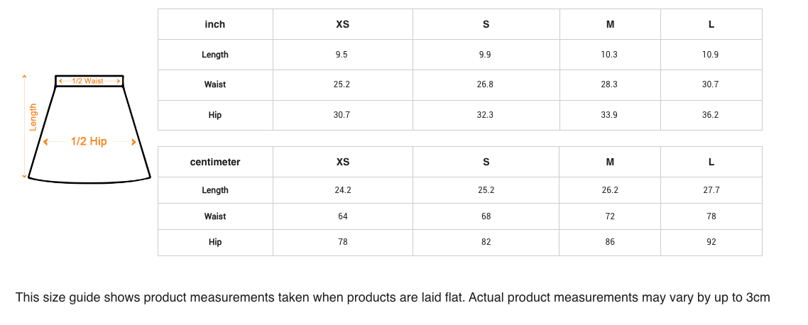 Size chart for a skirt with measurements in inches and centimeters.
