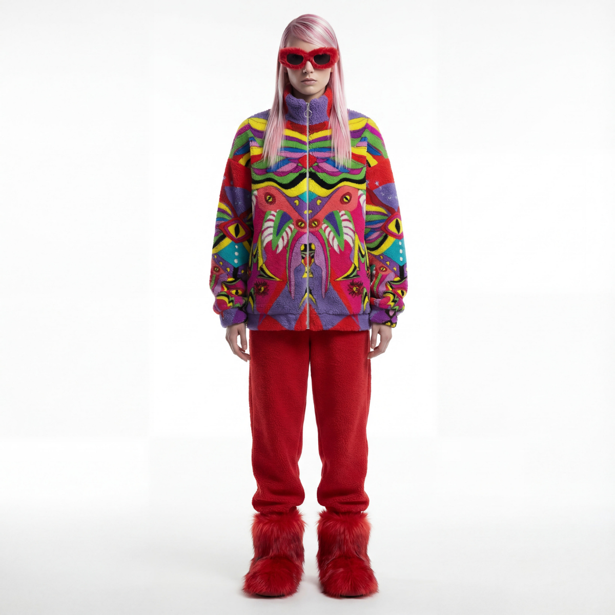 Person wearing a colorful jacket and red pants on a white background