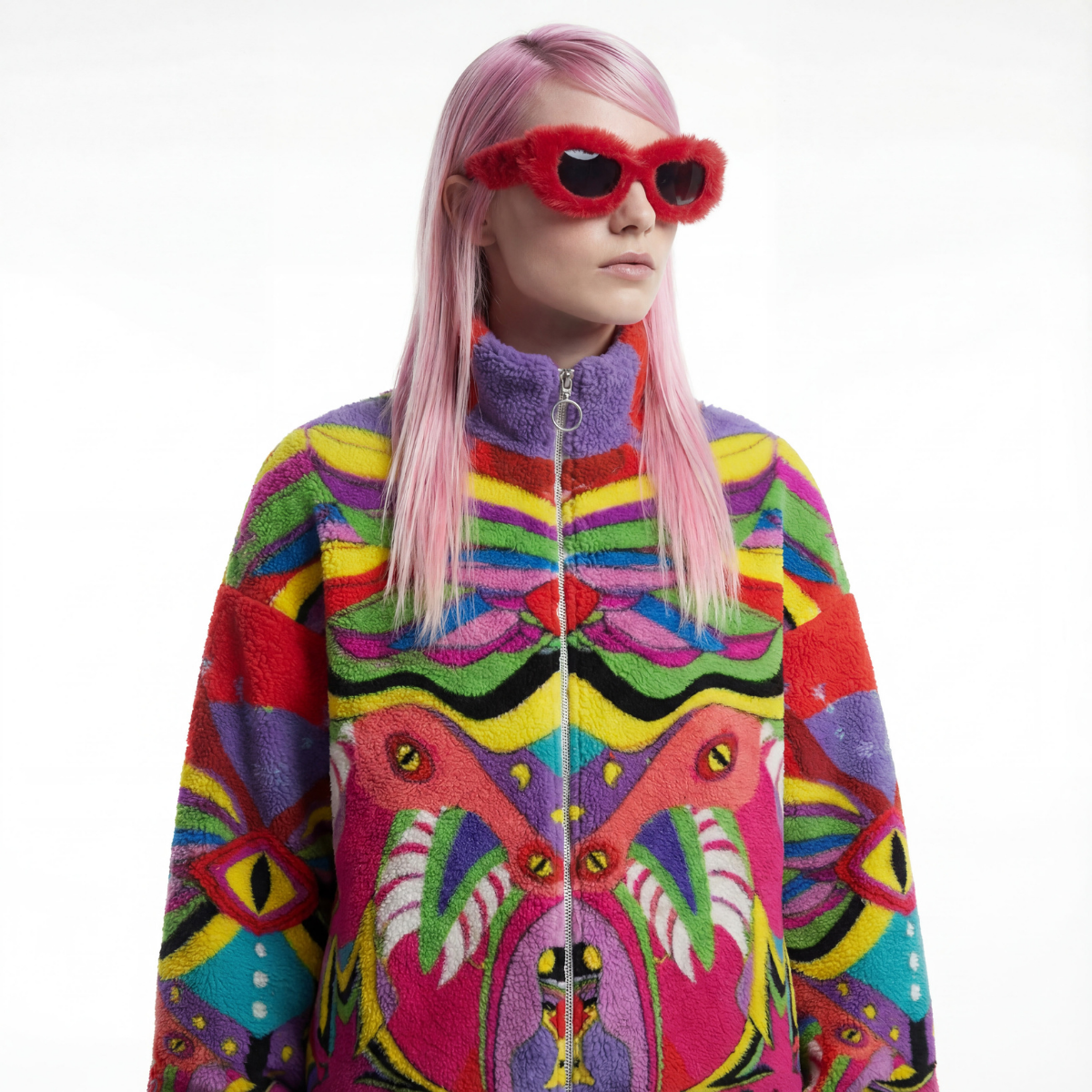 Person wearing a colorful, patterned sweater with red sunglasses on a white background