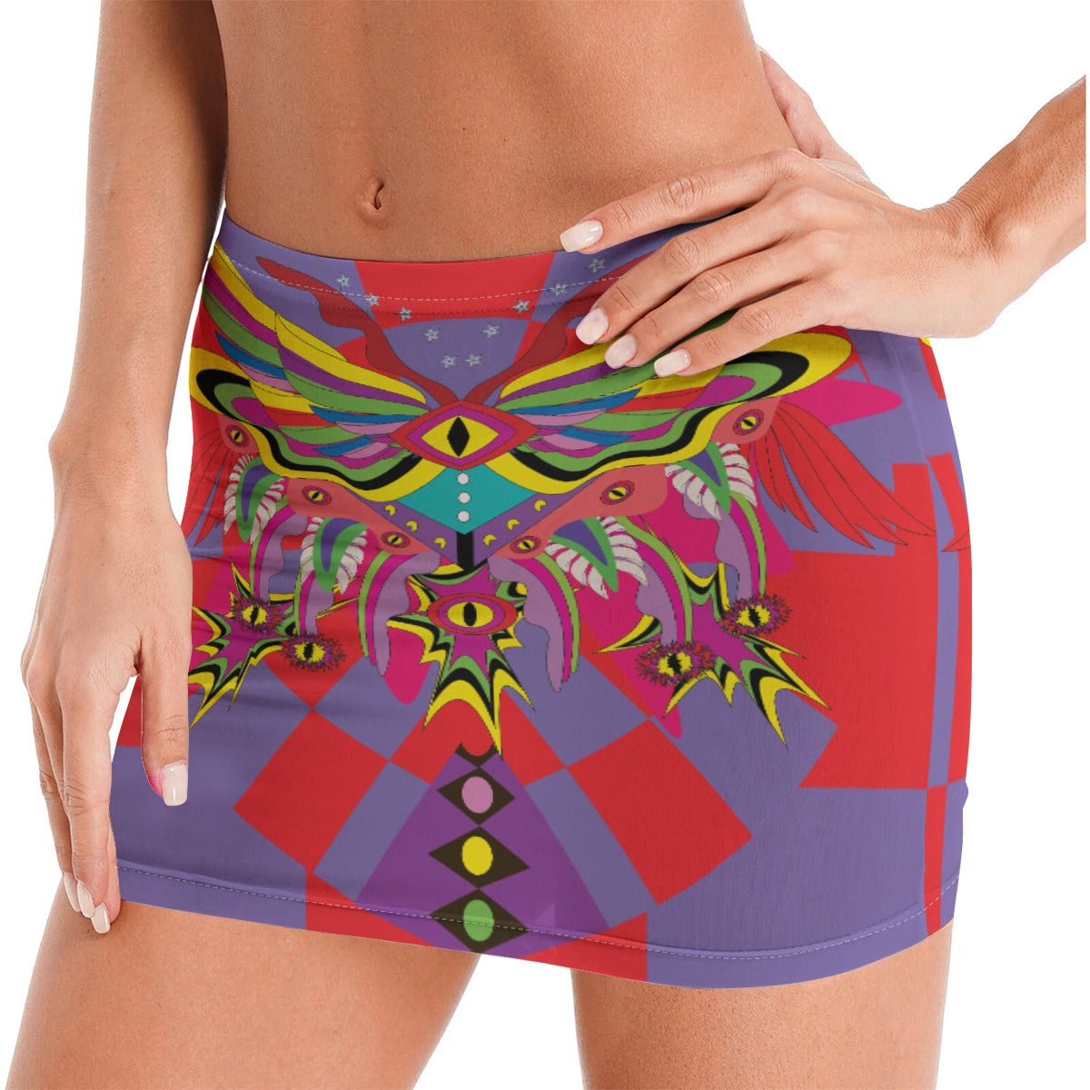 Colorful butterfly-patterned shorts on a white background