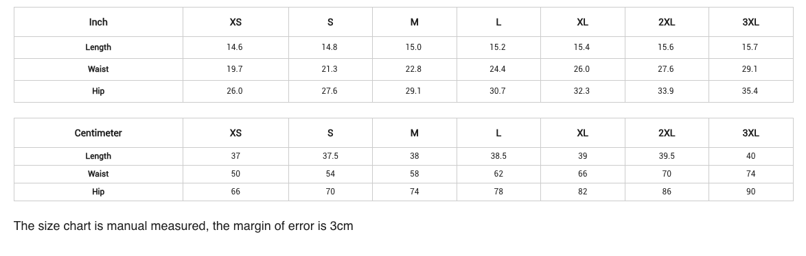 Size chart for clothing measurements in inches and centimeters with margin of error noted.