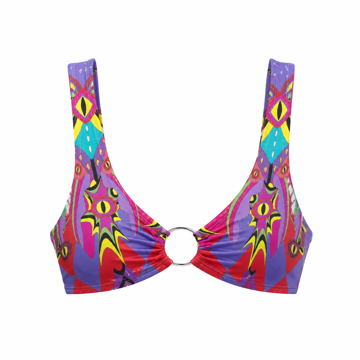 Colorful bikini top with abstract design on a white background