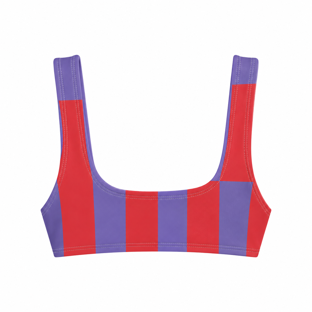 Red and purple striped bikini top on a white background