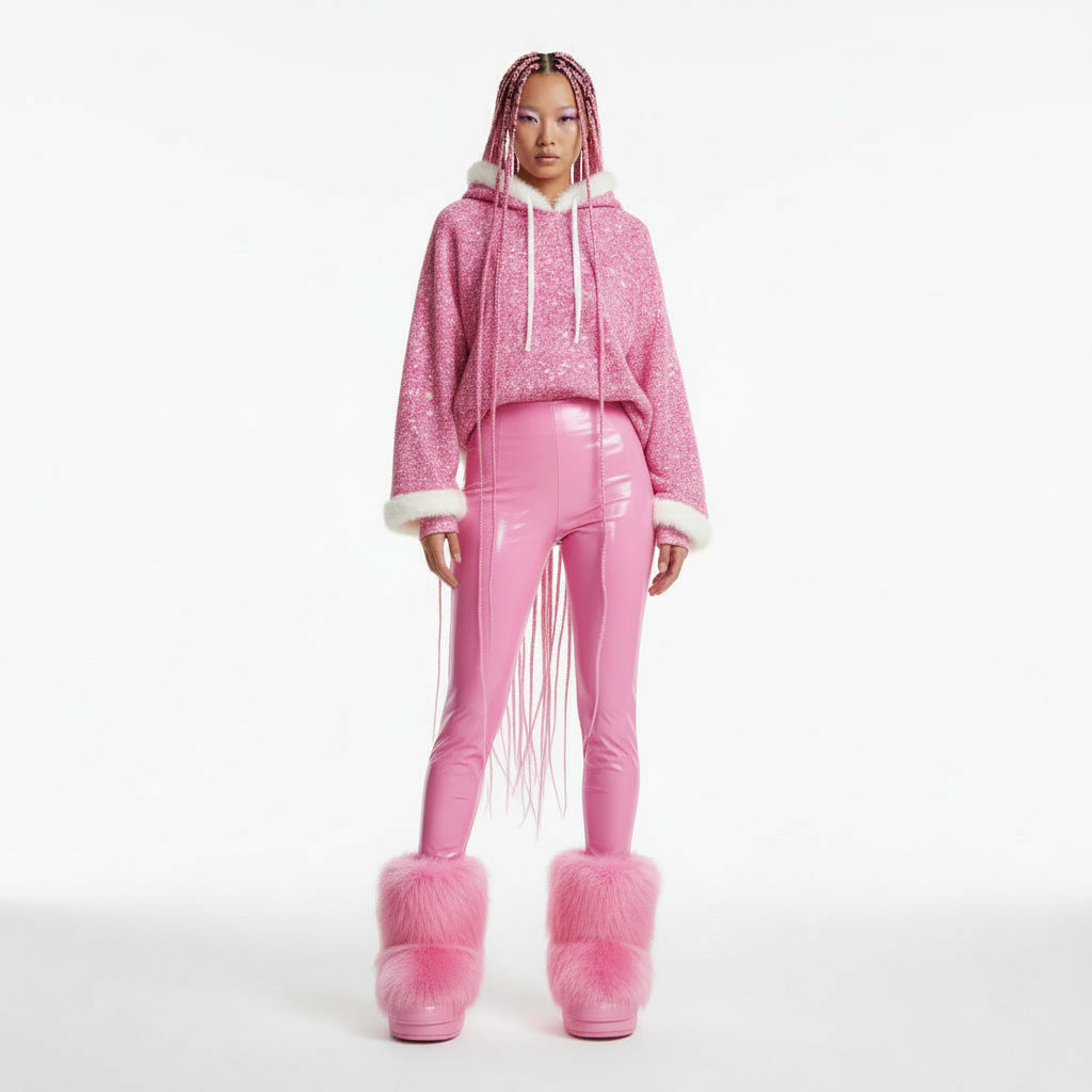 Person wearing a pink outfit with a matching jacket, pants, and boots on a white background