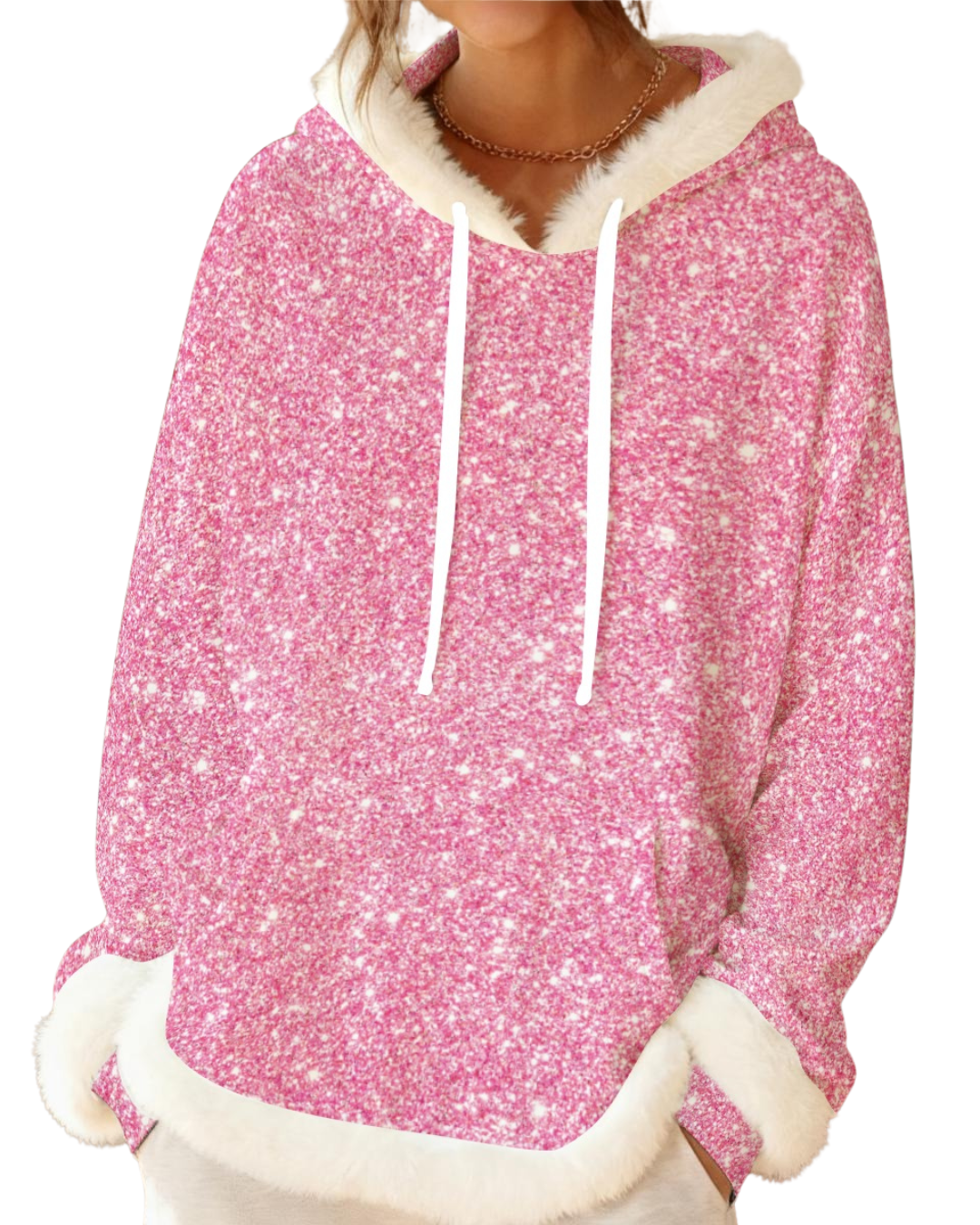 Pink hoodie with white fur lining on a white background