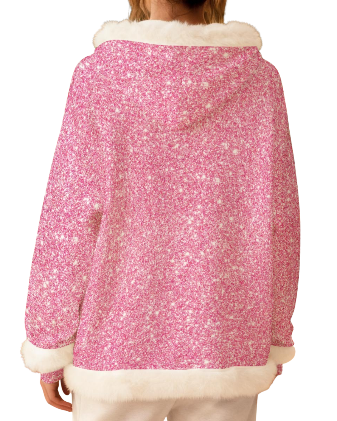 Pink floral-patterned sweater with white trim on a white background