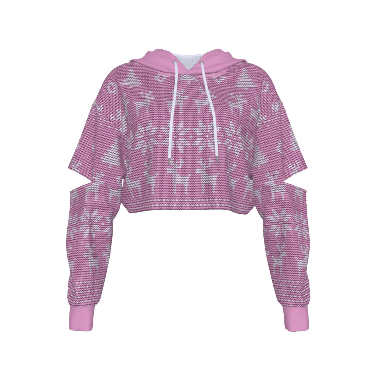 Pink hoodie with white patterns on a white background