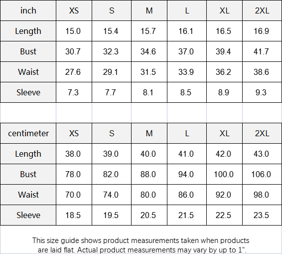 Size chart for clothing measurements in inches and centimeters