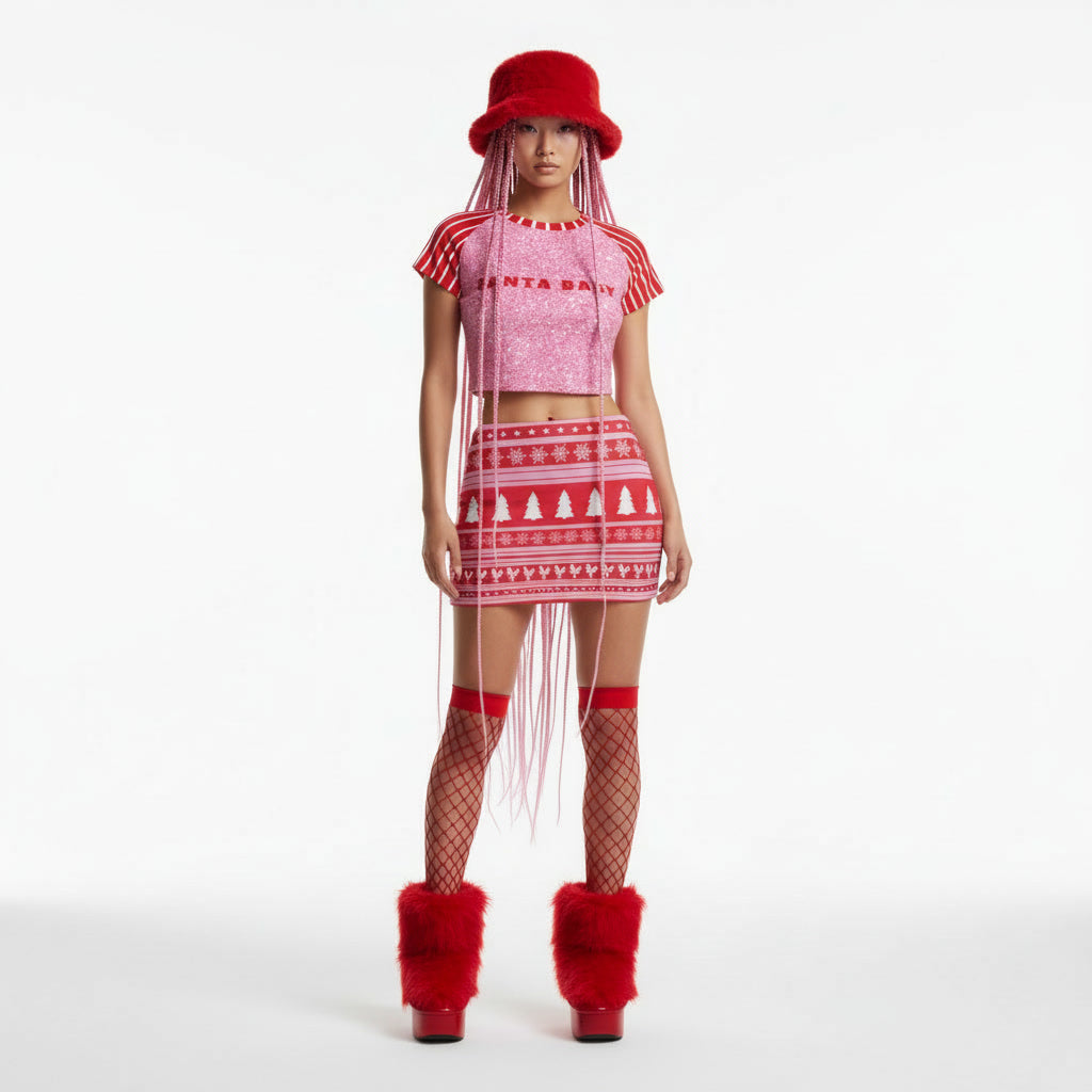 Person wearing a red and pink outfit with a matching hat on a white background