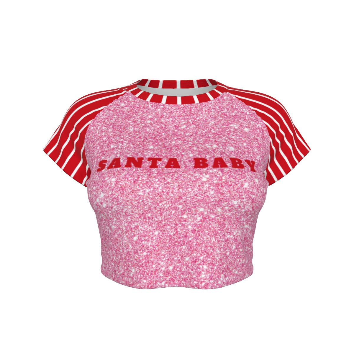 Pink glittery crop top with red and white striped sleeves and 'Santa Baby' text on a white background
