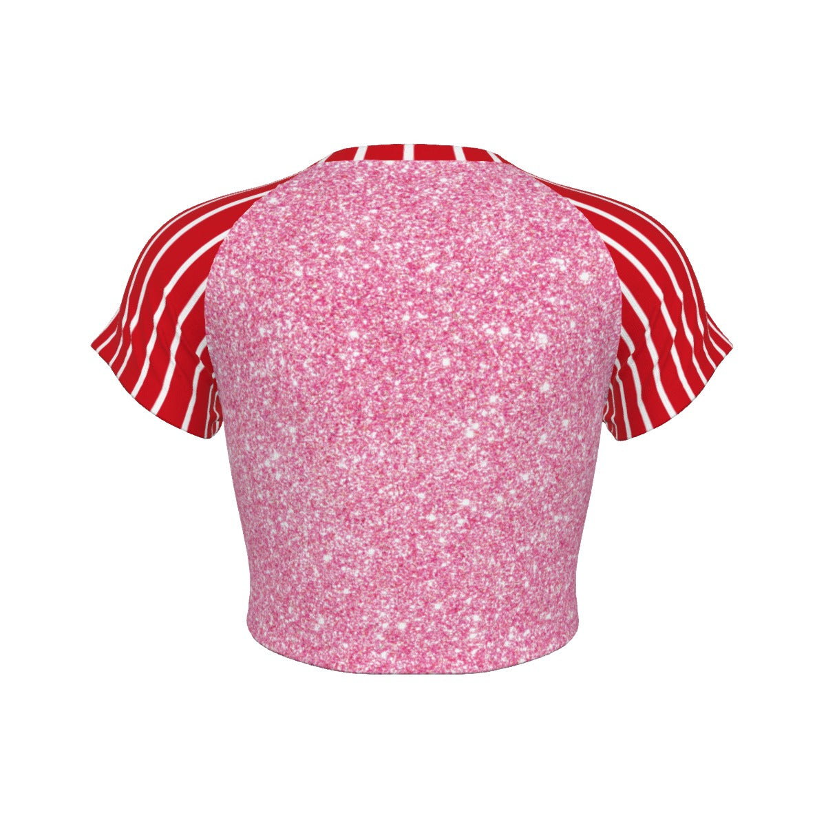 Pink glittery crop top with red sleeves on a white background