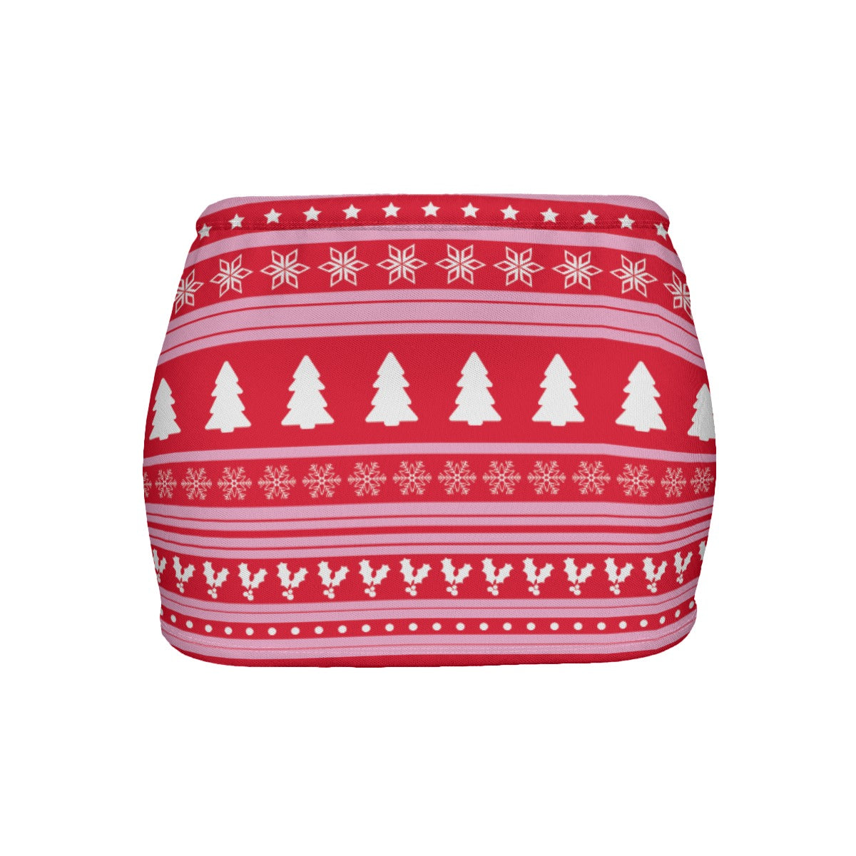 Red and white patterned skirt with Christmas trees and snowflakes on a white background