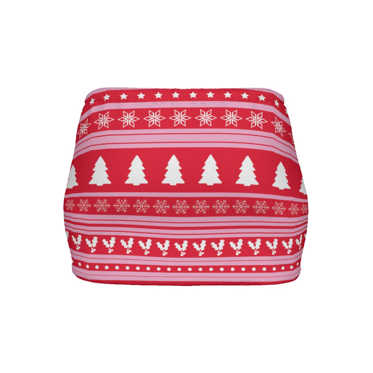 Red and white patterned skirt with Christmas trees and snowflakes on a white background