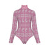 Pink and white patterned long-sleeve bodysuit on a white background