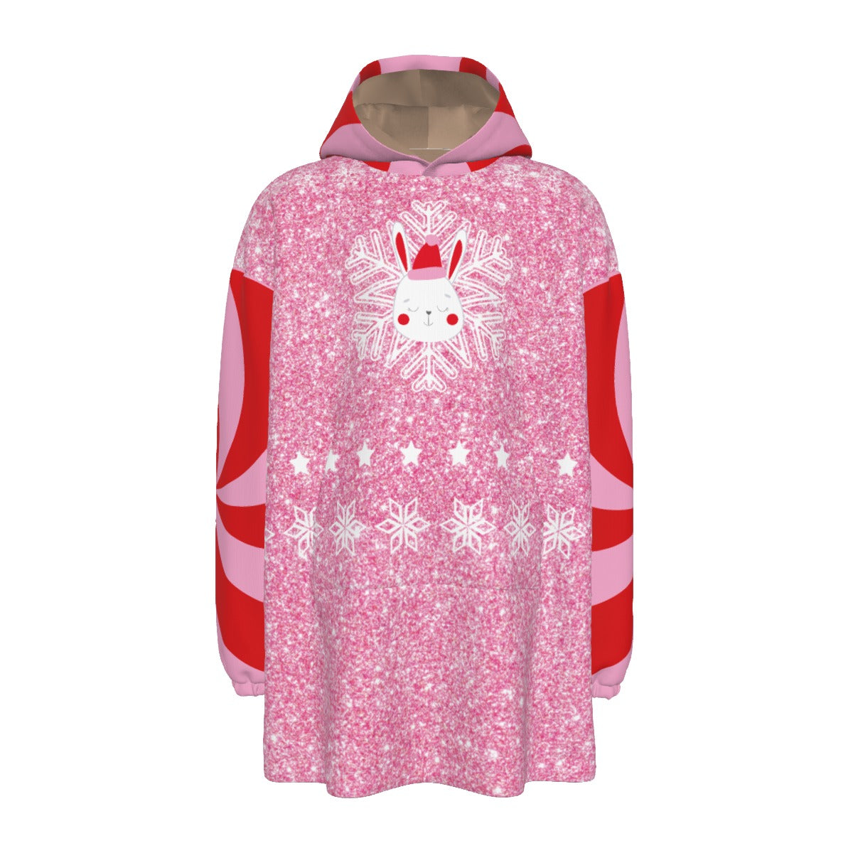 Pink and red hoodie with snowflake and rabbit design on a white background