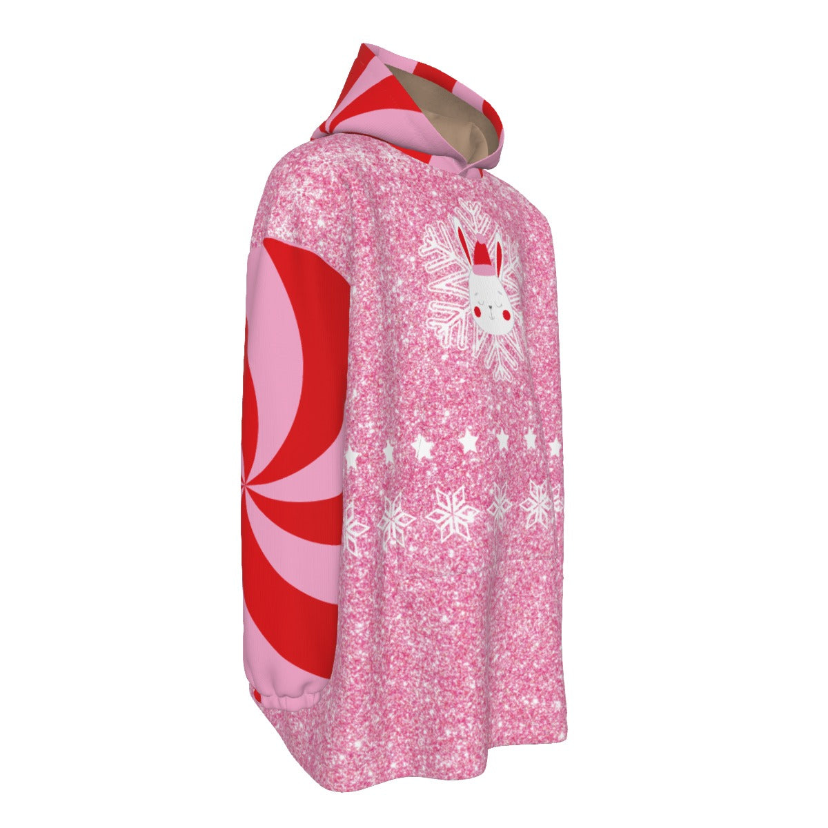 Pink and red hooded poncho with snowflake and sun design on a white background