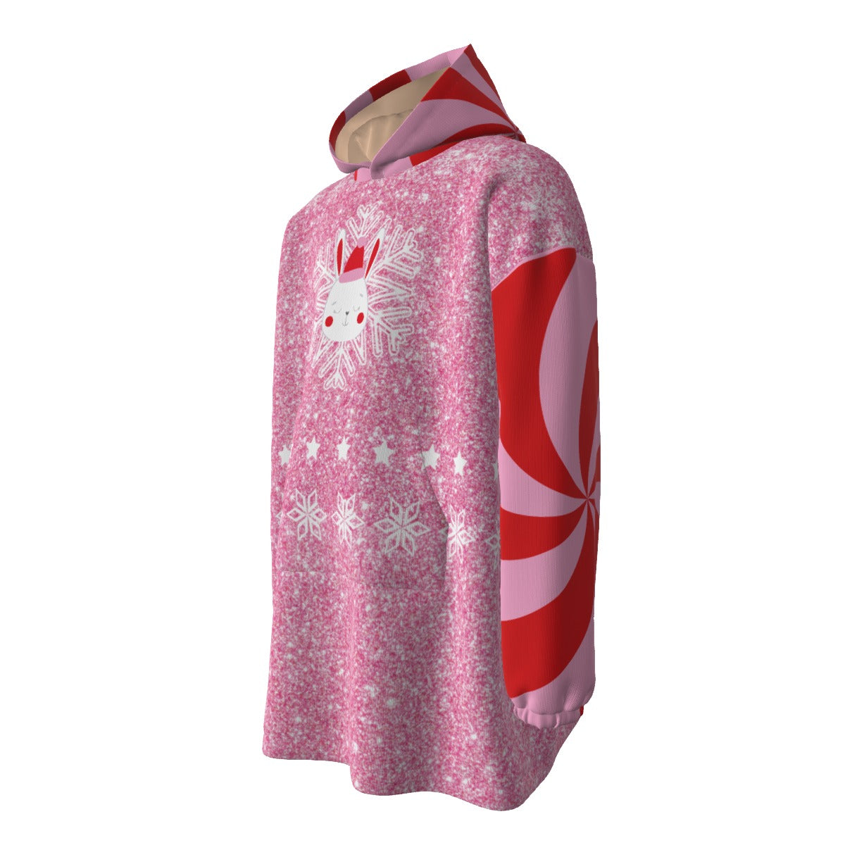 Pink hoodie with snowflake pattern and red accents on a white background