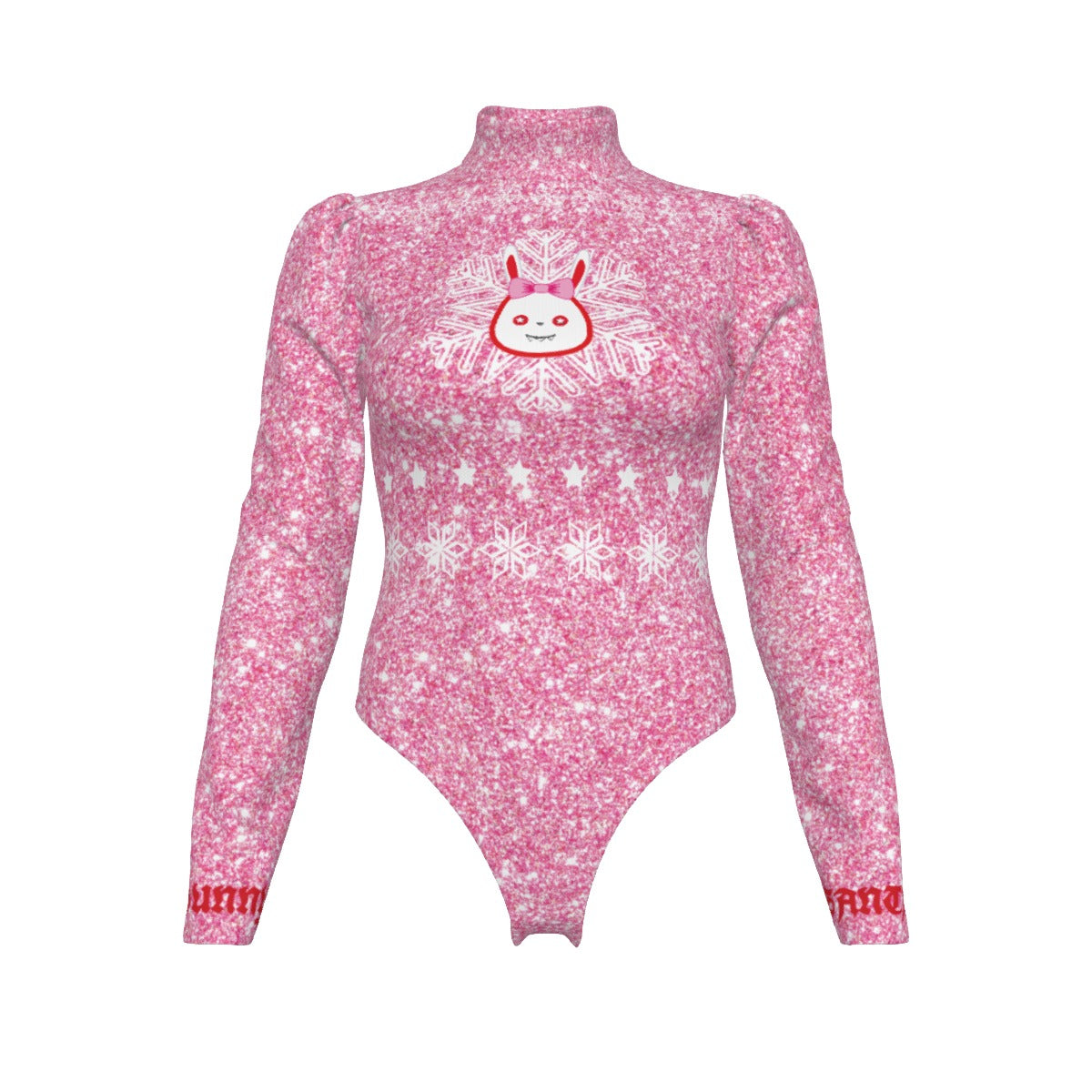 Pink long-sleeve bodysuit with snowflake and face design on a white background