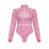 Pink long-sleeve bodysuit with snowflake and face design on a white background