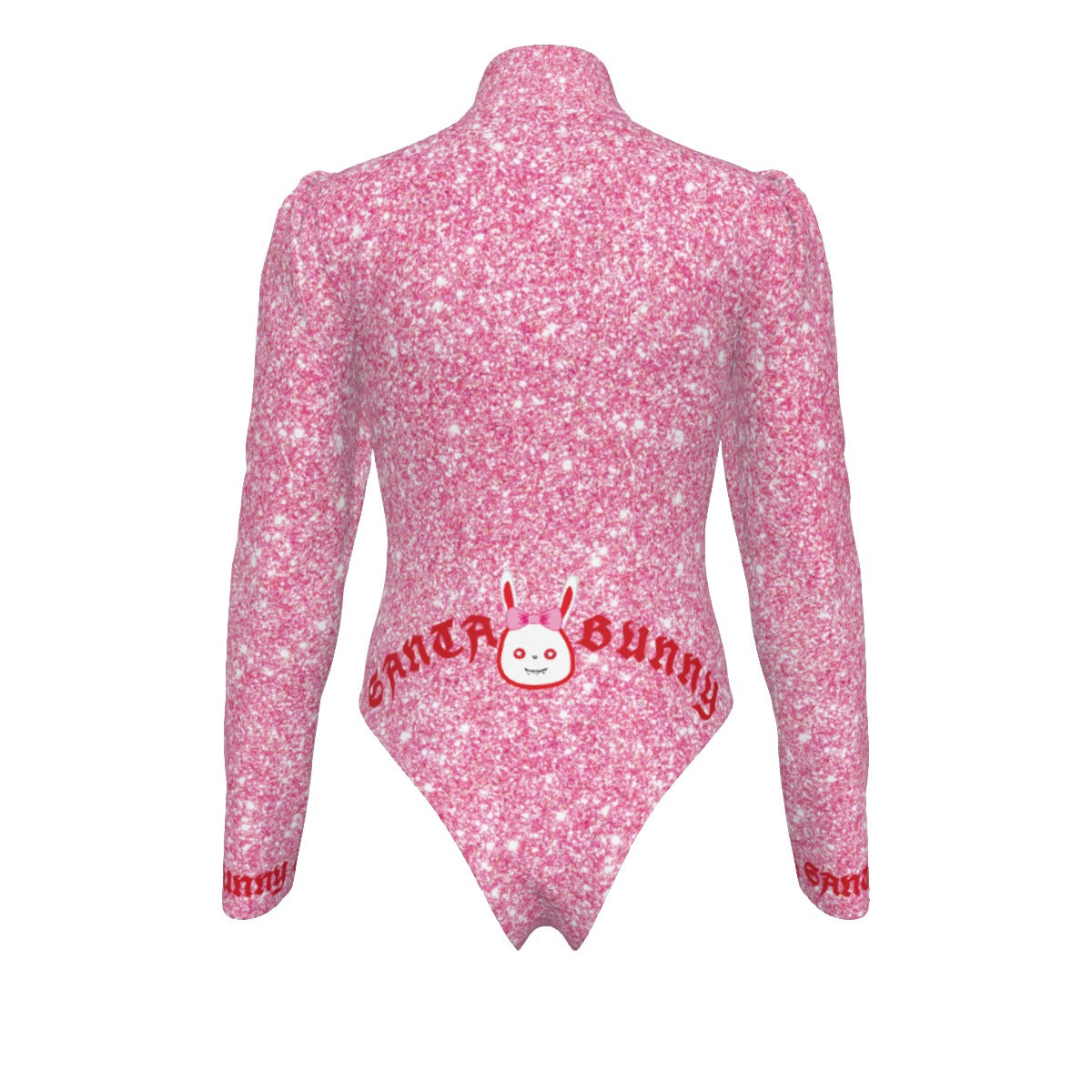 Pink bodysuit with 'Santa Bunny' text on a white background