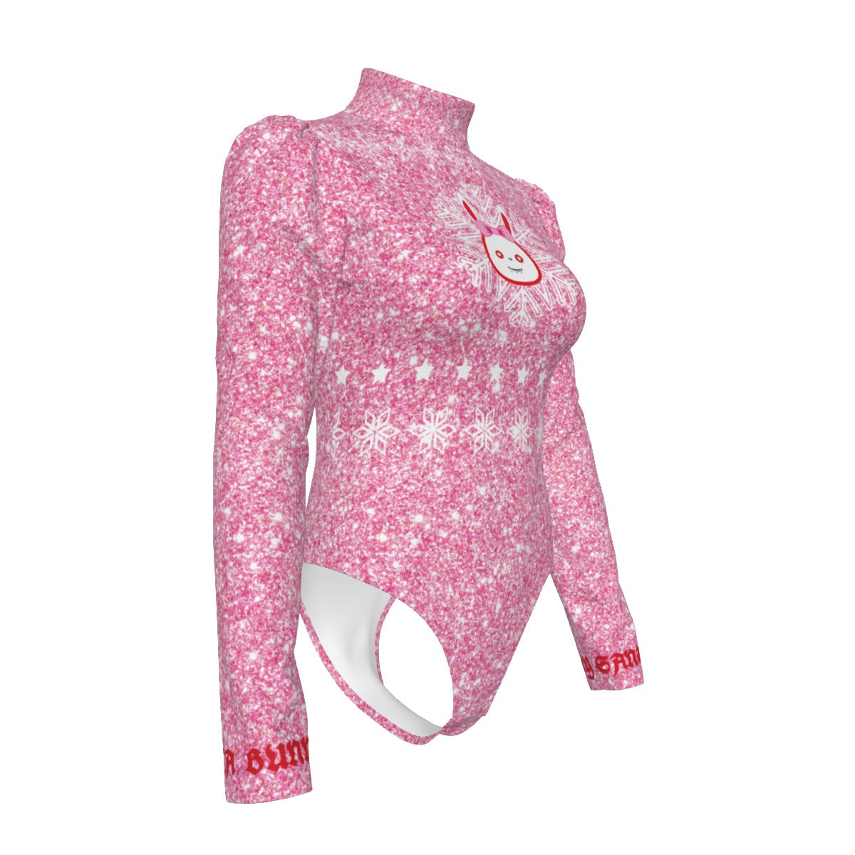 Pink long-sleeve top with white pattern and bunny design on a white background