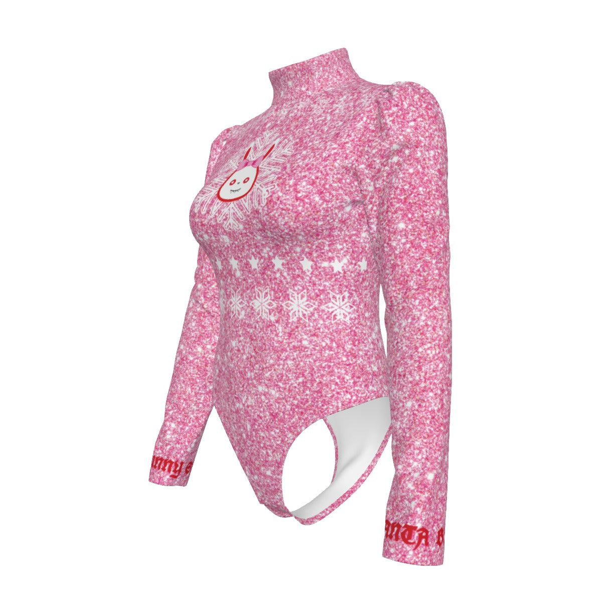 Pink patterned bodysuit with bunny design on a white background