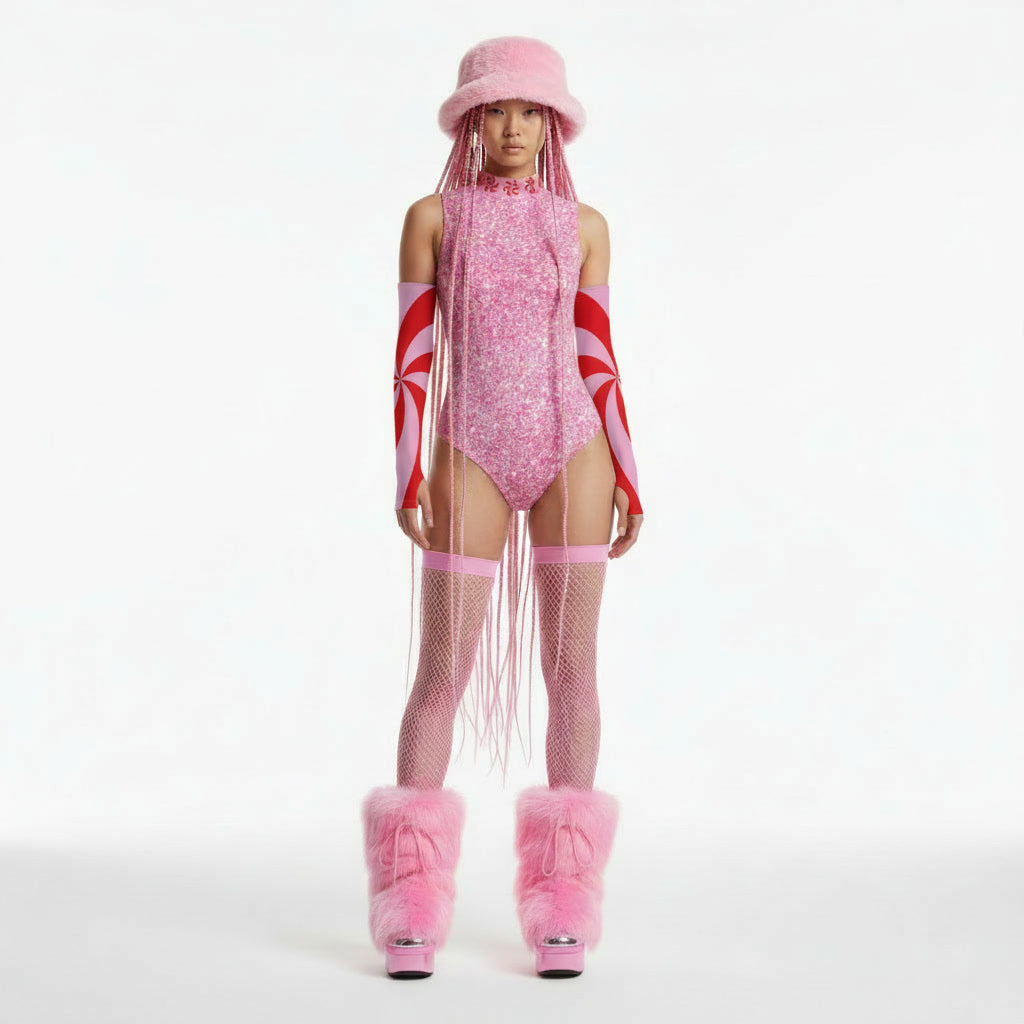 Person wearing a pink bodysuit with red and white patterns, fishnet stockings, and pink boots on a white background.