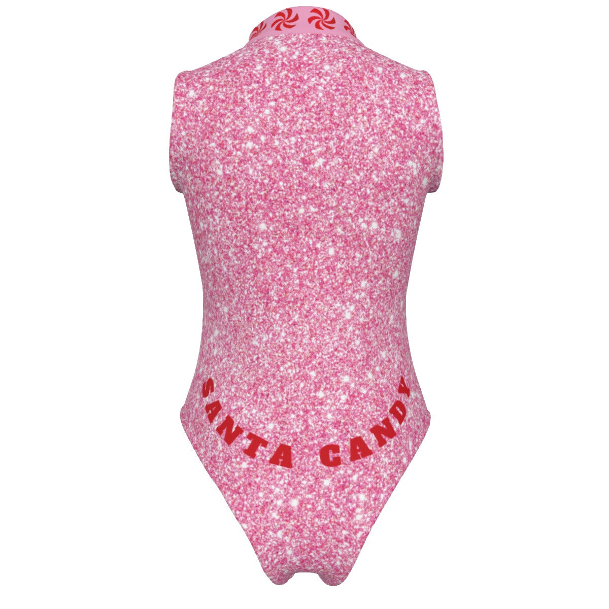 Pink glittery bodysuit with 'Santa Candy' text on a white background
