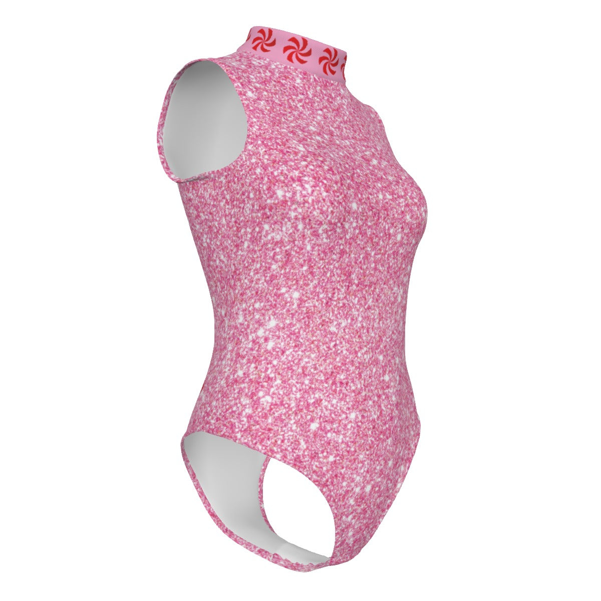Pink and white patterned bodysuit on a white background