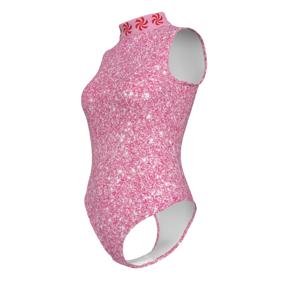 Pink glittery bodysuit with a white background