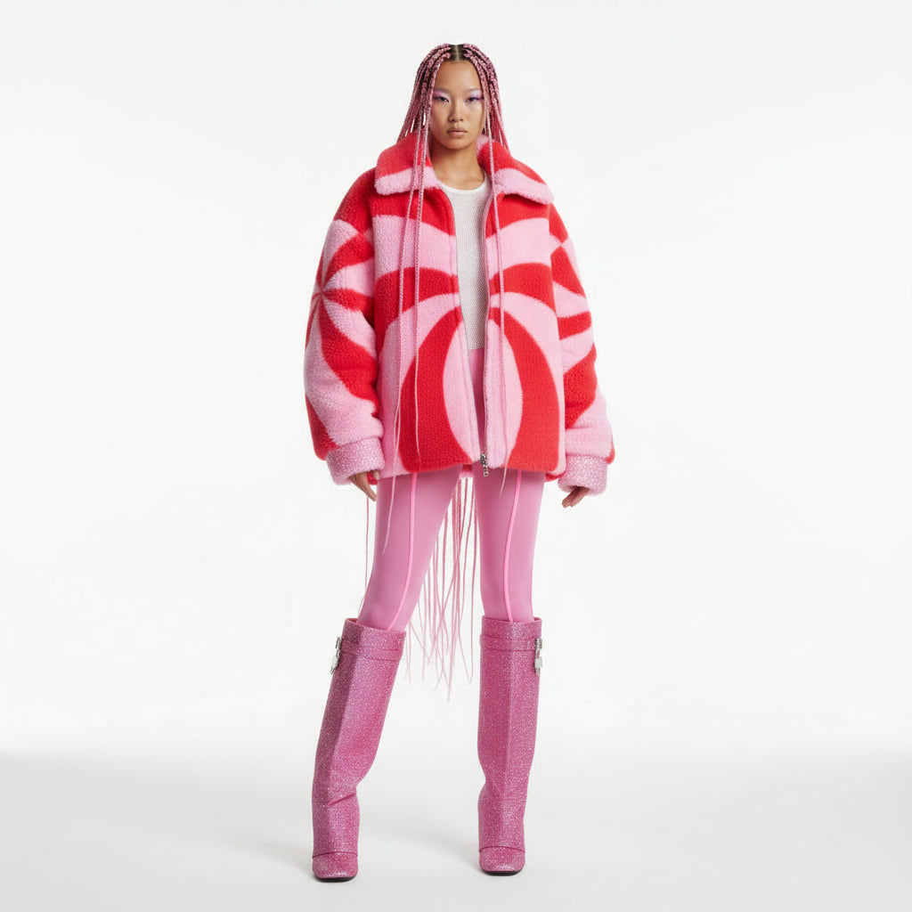 Person wearing a red and white striped sweater with fringe, pink pants, and matching pink boots on a white background