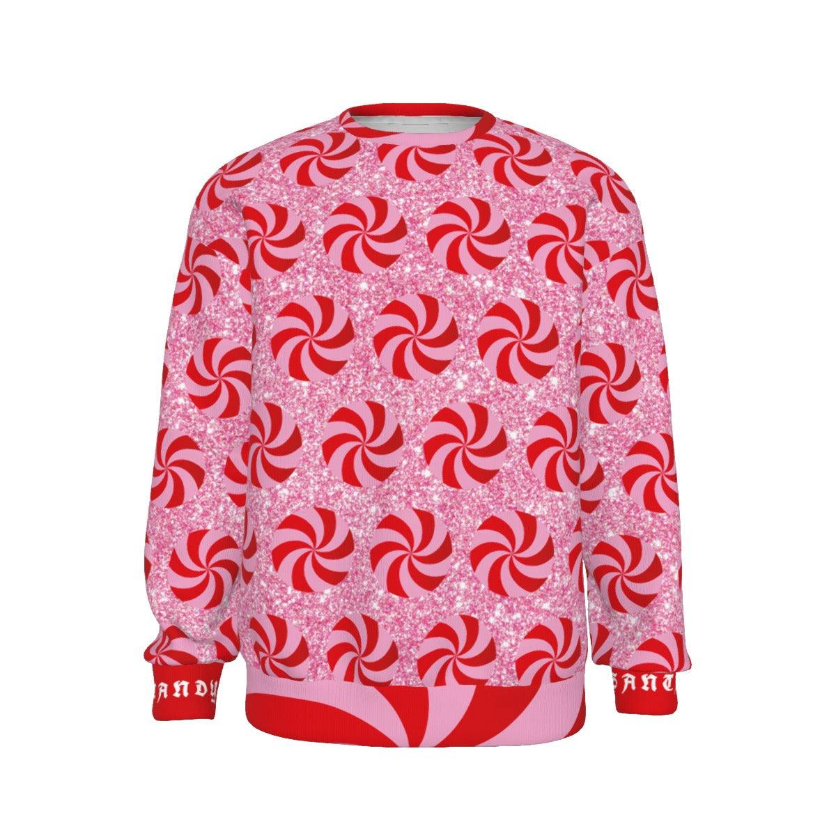 Sweatshirt with red and white candy cane pattern on a white background