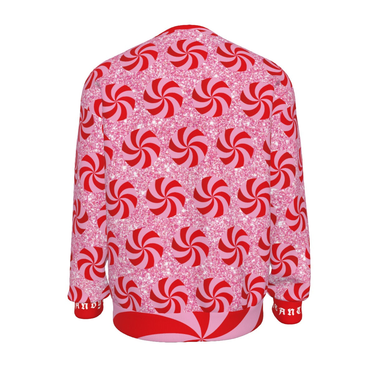 Red and white candy cane patterned sweatshirt on a white background