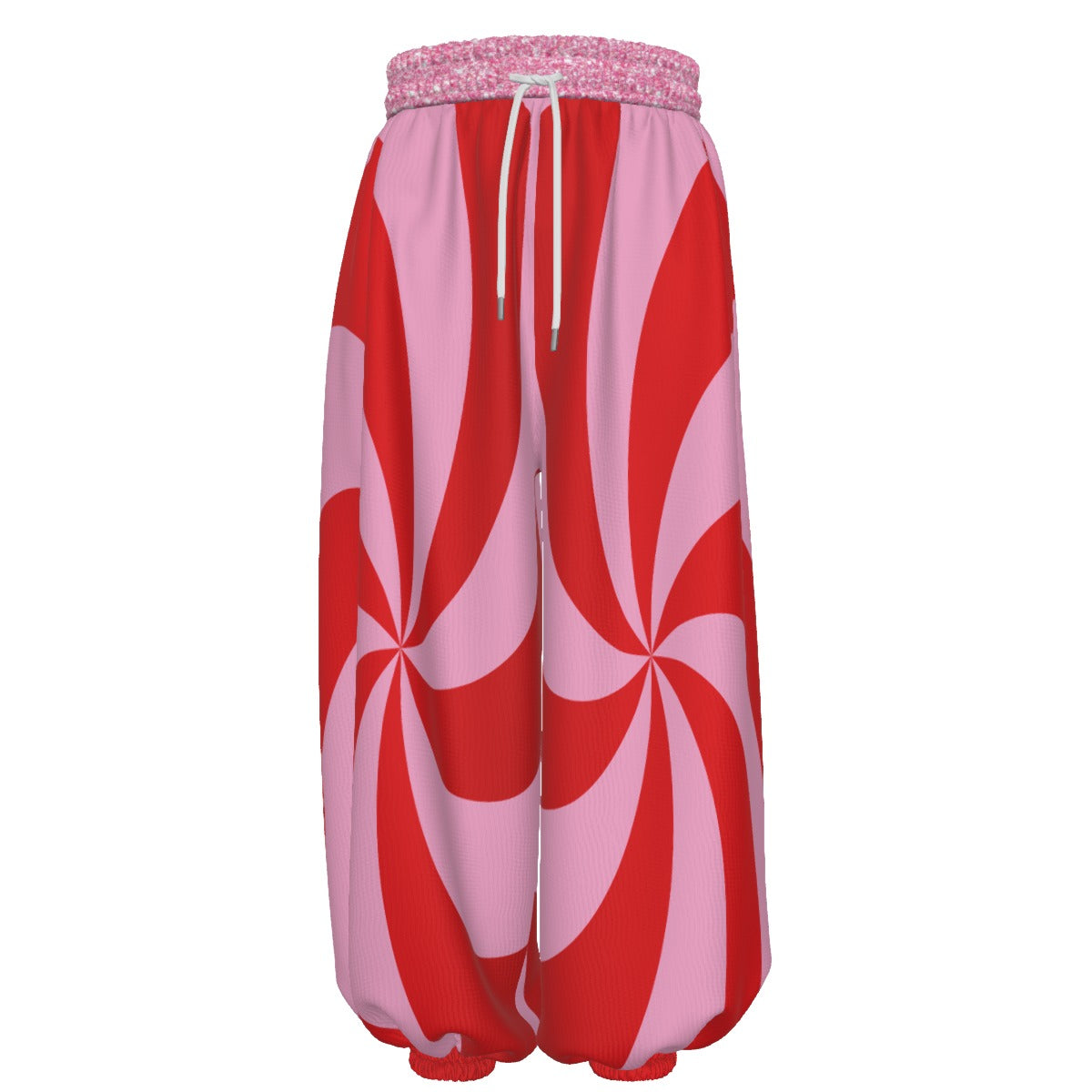 Red and pink spiral patterned pants on a white background