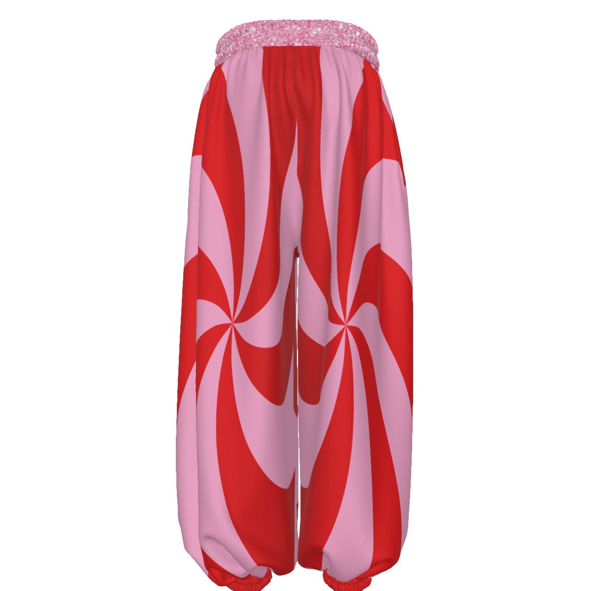 Red and pink spiral patterned pants on a white background