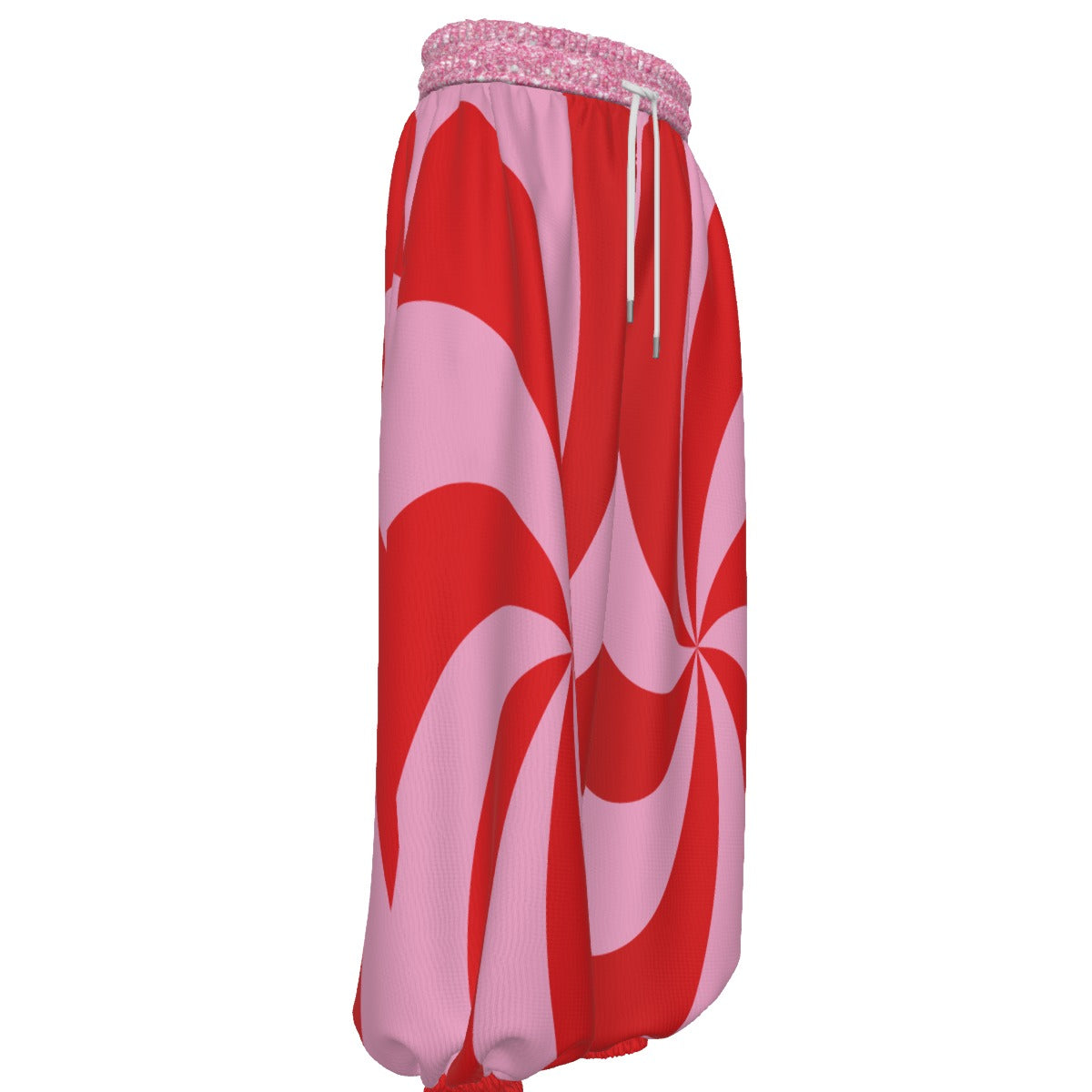 Red and pink striped pants with a white background