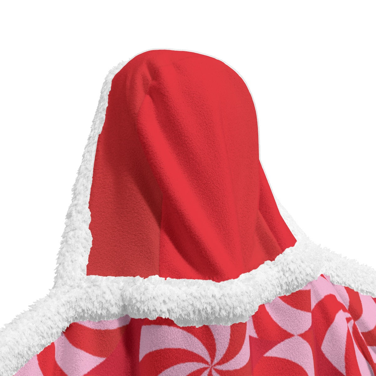 Red hooded blanket with white trim and peppermint pattern