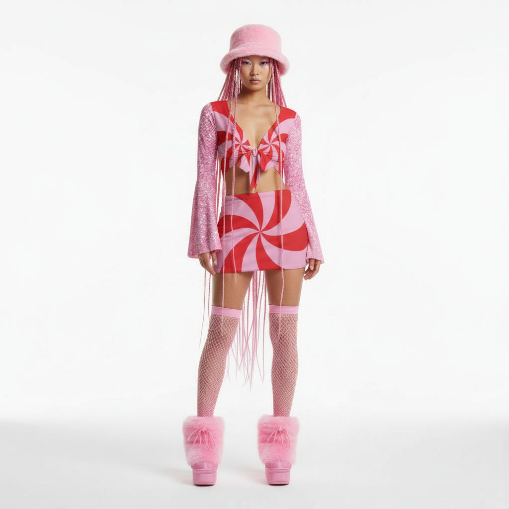 Person wearing a pink and red outfit with a matching hat on a white background