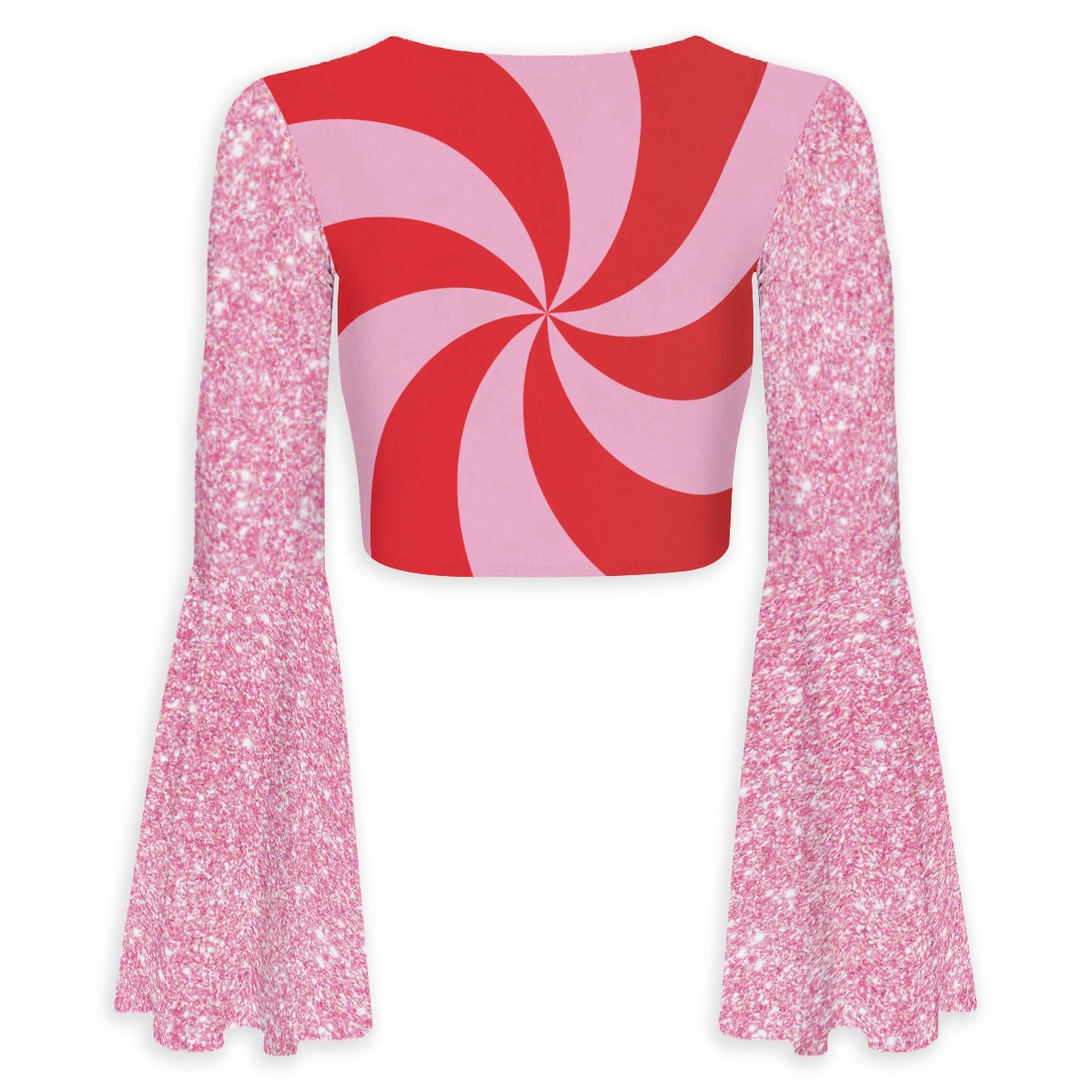 Pink and red spiral patterned top with long sleeves on a white background