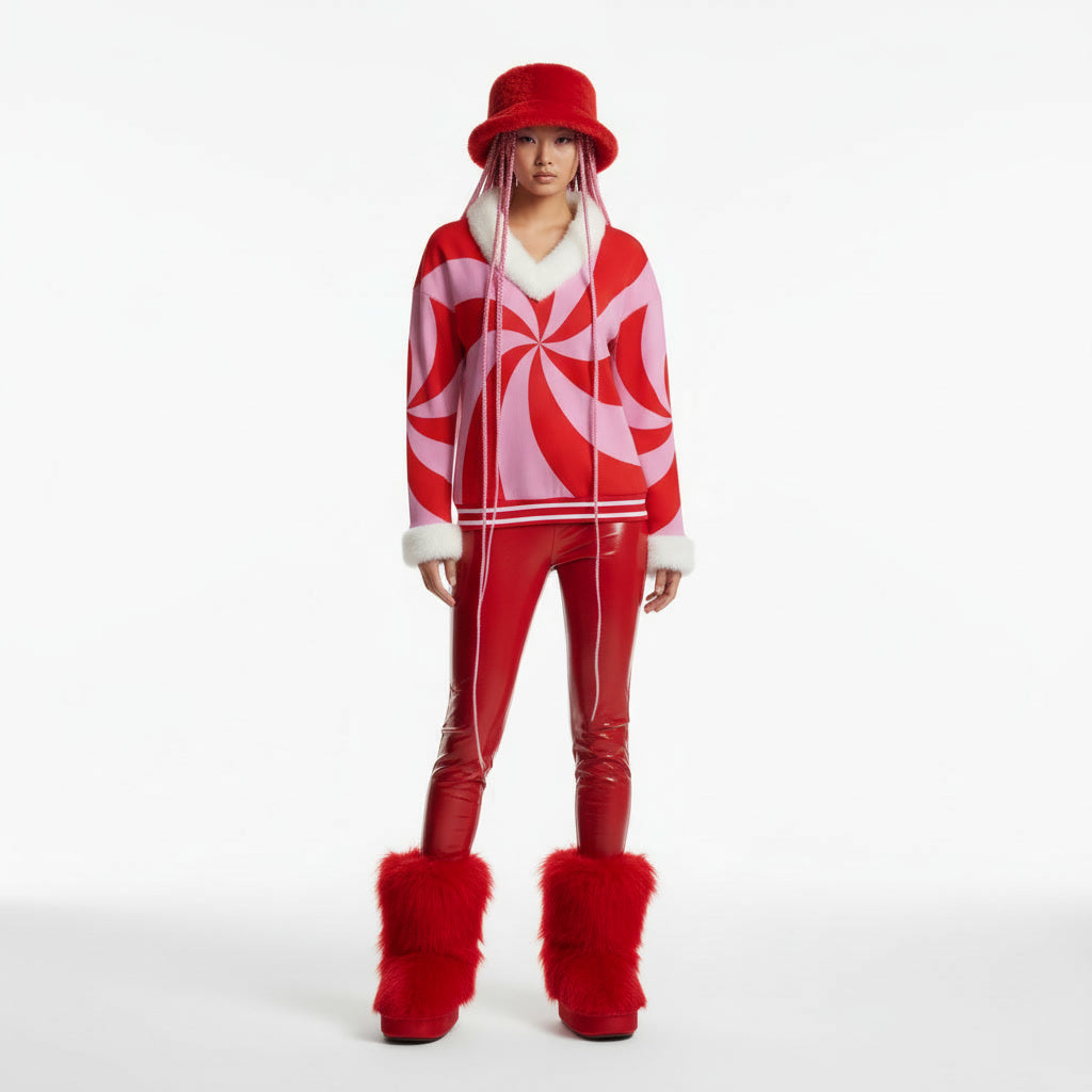 Person wearing a red and white outfit with a matching hat on a white background