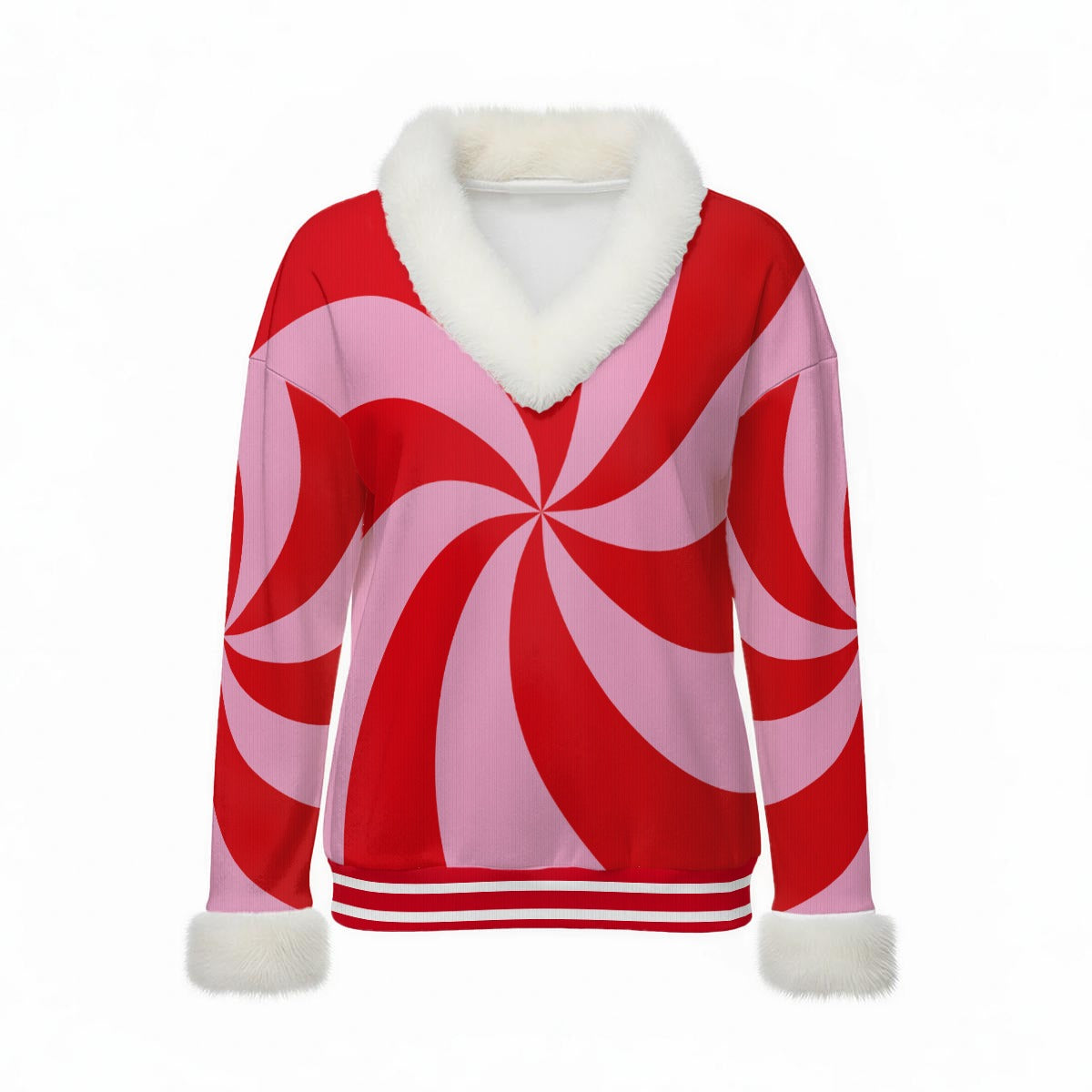 Red and pink striped sweater with white trim on a white background