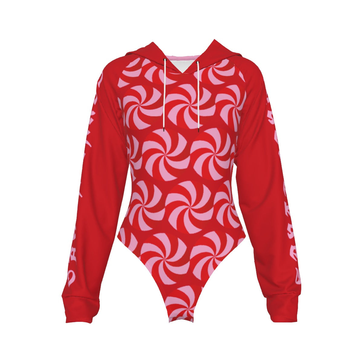 Red hoodie with white candy cane pattern on a white background