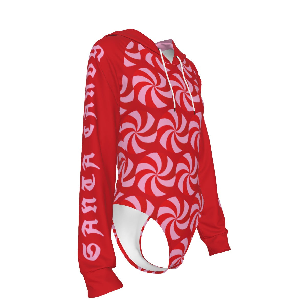 Red hoodie with candy cane pattern and 'Santa' text on a white background